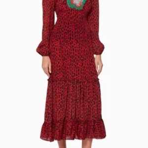 RIXO Red and Green Long Sleeve Dress